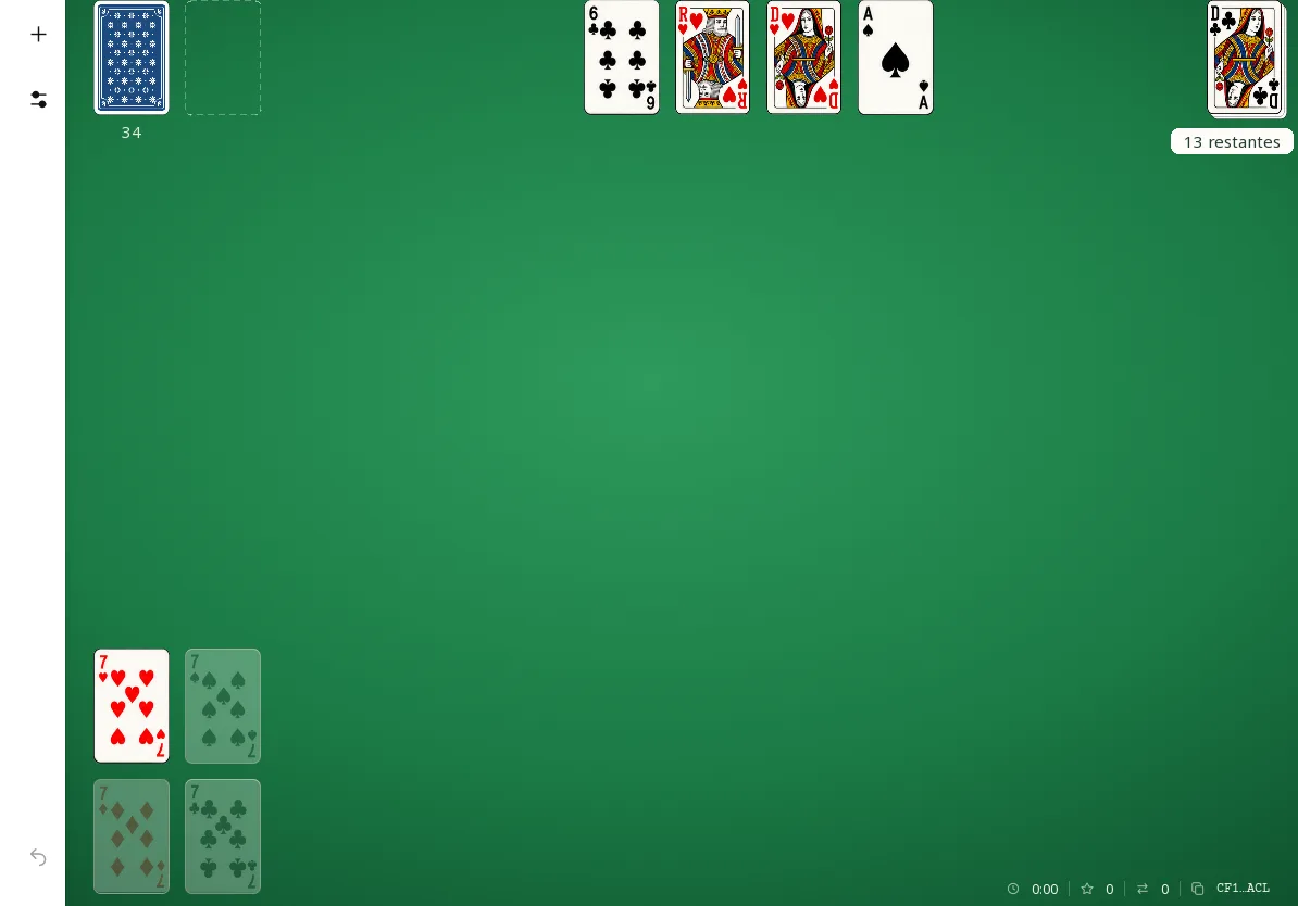 Canfield Solitaire على لوحي بالوضع الأفقي: التوزيع نفسه عند البداية، مع مساحة أكبر من الطاولة حول الاحتياطي والأسس والأعمدة الأربعة.